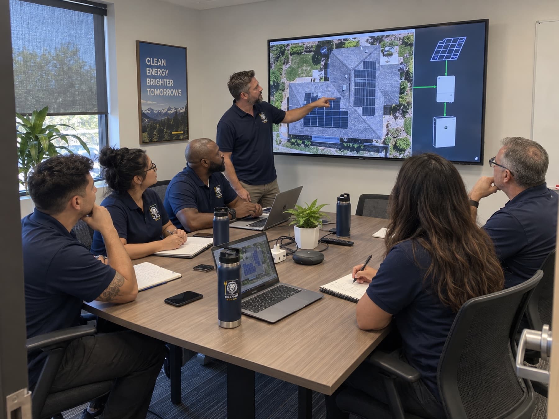 Planning session around a conference table, with a rooftop solar and battery design on the screen